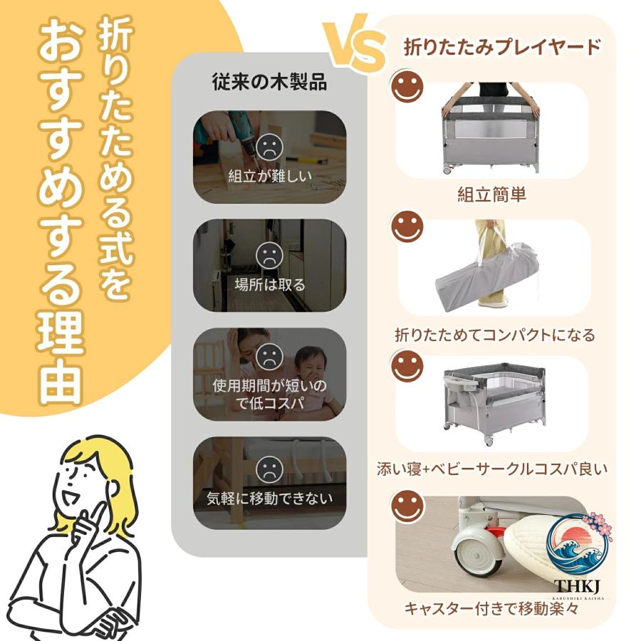 折りたたみ式ベビーサークルゆりかごコンパクト収納お THKJ むつ替えテーブル付き蚊帳付き添い寝対応大容量収納 すっきり収納 収納力アップ おすすめ商品の画像