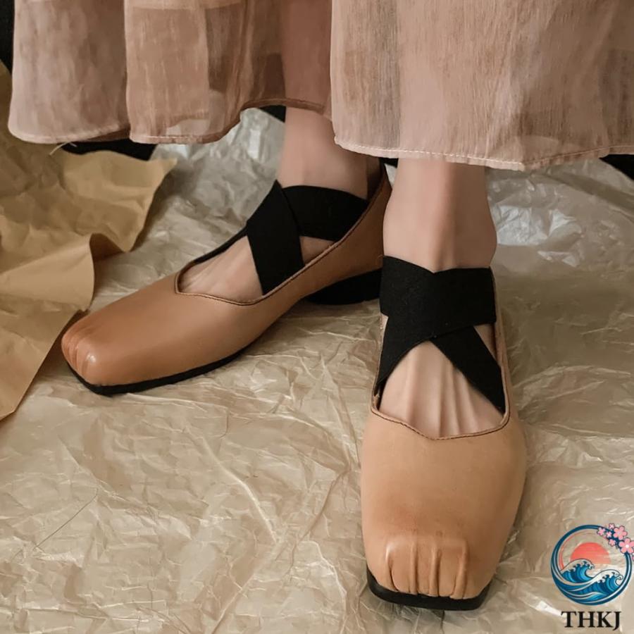 チカル レディース ローファー 牛革 バンド ストラップ バレエシューズ ベルト THKJ パンプス スクエアトゥ バブーシュ シューズ スリッポン レザー 本革の画像