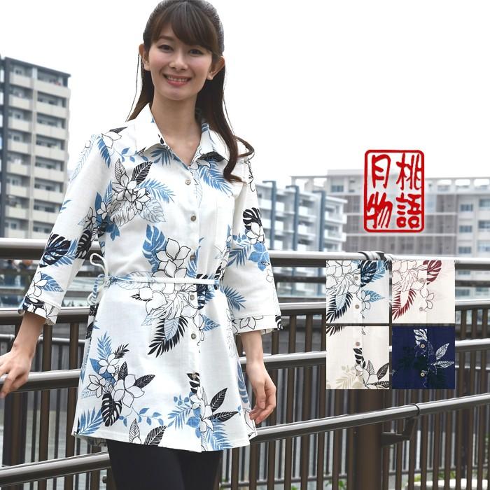 かりゆしウェア 沖縄アロハシャツ レディース プルメリア柄 チュニック