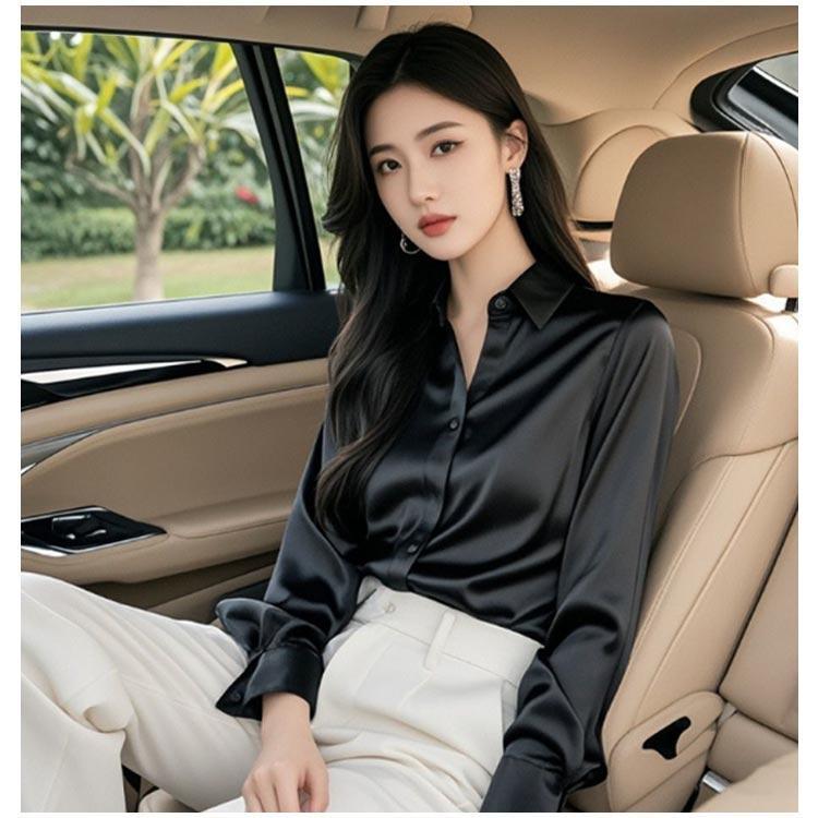 シルクタッチ 長袖 艶感 ス シャツ シルク風 光沢感 サテン 夏服