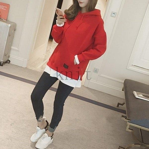 パーカーレディースレイヤード春大きめゆったりレッドブラックグレー黒赤フーディープルオーバー 高級感