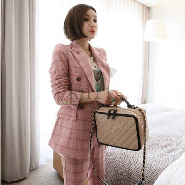 ピンクチェック柄スーツレディースパンツスーツフォーマル結婚式二次会お呼ばれ春秋代30代40代韓国風お洒落通勤olセレモニースーツ Sale 71 Off