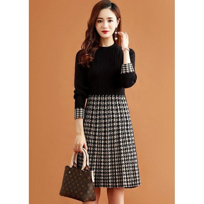 通販激安 上品 30代きれいめ 40代 50代 ファッション レディース ワンピース 秋 ひざ丈 千鳥格子 長袖 ラウンドネック ニットワンピース 冬 30代 ワンピース カラー ブルー Adlinkpublicity Com