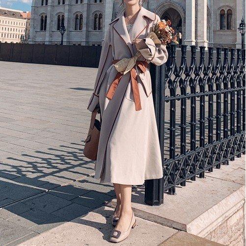 新作商品 40代 ファッション レディース ロング トレンチコート ロングコート デート キャンディスリーブ グリーン ベージュ バイカラー コートベルト トレンチコート サイズ M Baskincoffee Vicom Corp Com