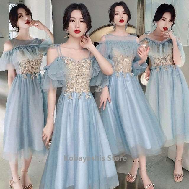 ブルーブライズメイドドレス4タイプ背開き編み上げパーティードレスaラインチュールドレスお呼ばれ結婚式花嫁二次会演奏会 Aライン カラー ブルー B