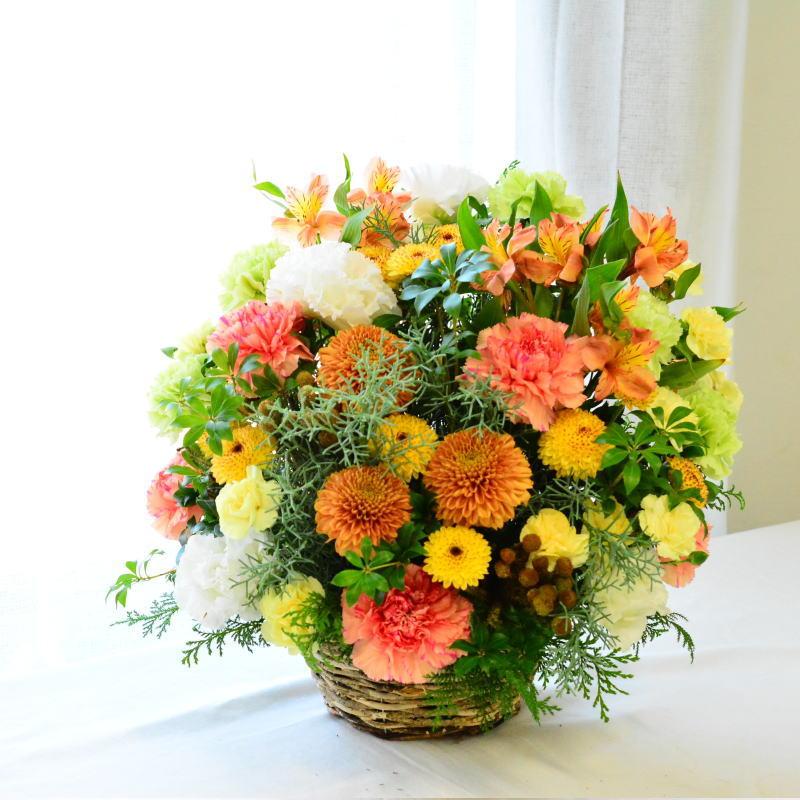 花 フラワーアレンジメント 生花  ギフト フラワー 花屋 暖色アレンジメント オレンジ 橙  送料無料 プレゼント  a お花 爆買の画像
