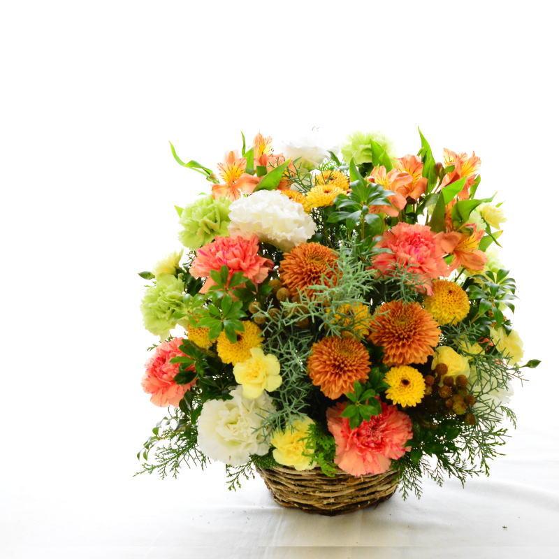 花 フラワーアレンジメント 生花  ギフト フラワー 花屋 暖色アレンジメント オレンジ 橙  送料無料 プレゼント  a お花 爆買の画像