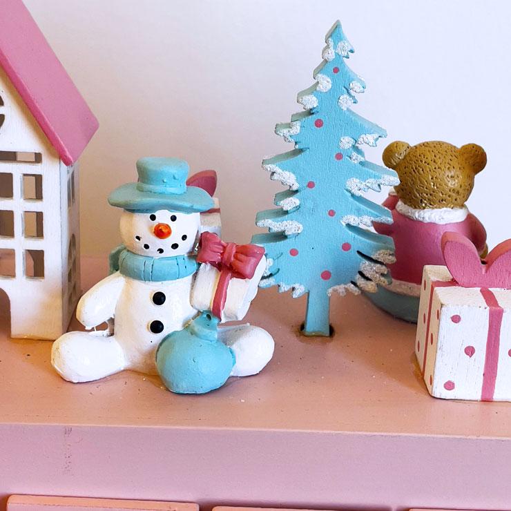 クリスマスカウントダウンカー ピンク｜スノーマンとクマの木製アドベントカレンダー E1】クリスマスカウントダウンカー ピンク 雑貨 置物 装飾 木製