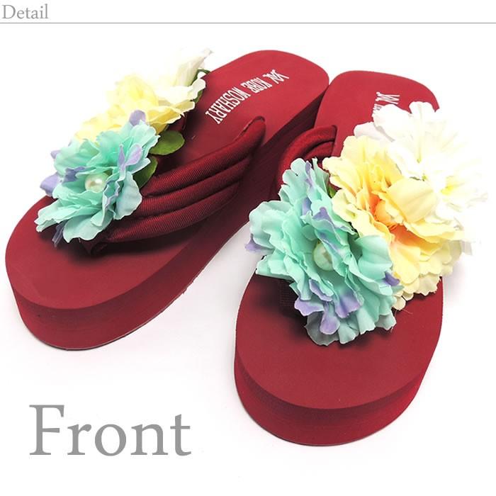 フラワーモチーフ 3連 ビーチサンダル 花柄 フラワーオブジェ コサージュ 夏 ビーサン 海水浴 ウェッジソール Kobewoshary S003 Kobe Woshary 通販 Yahoo ショッピング