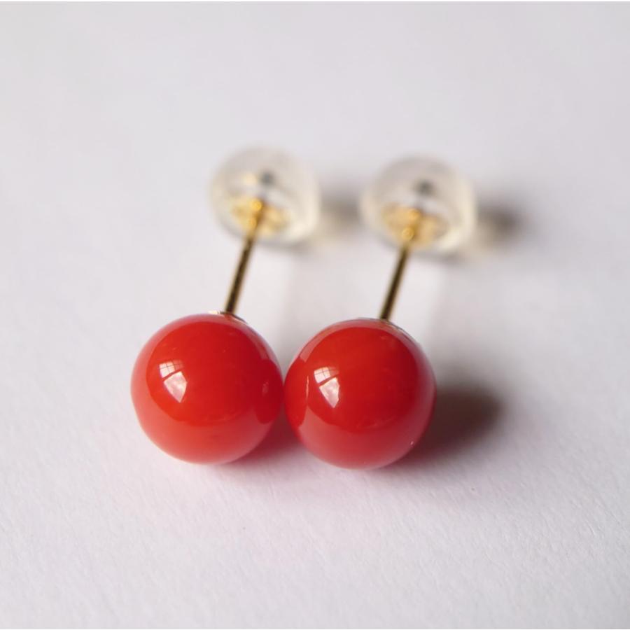 直径7mm 天然 血赤珊瑚 K18 ピアス 3月 誕生石 コーラル 天然石 アクセサリー メンズ レディース_2