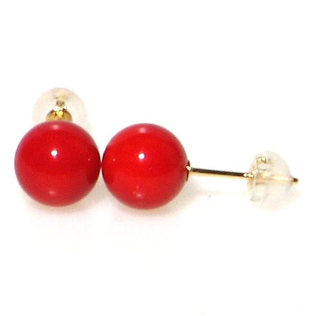 真紅の 血赤珊瑚 8mm K18 ピアス 3月 誕生石 レッド コーラル ギフト 