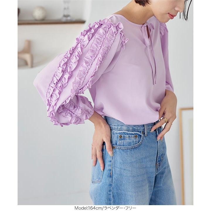 【523】新品　アナイ　ツイルストレッチリボンソデ　ブラウス　38 紫 B KOBE LETTUCE（神戸レタス） トップス ブラウス レディース 50代 40代