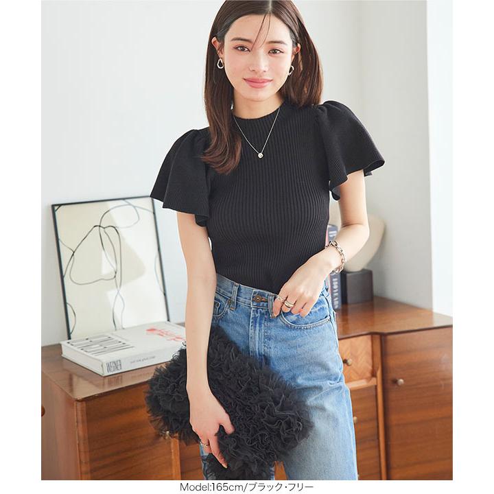 大人気　keina rita 半袖トップス 黒　パフスリーブ　フレア　ブラック KOBE LETTUCE（神戸レタス） モックネック フレアスリーブ リブニット