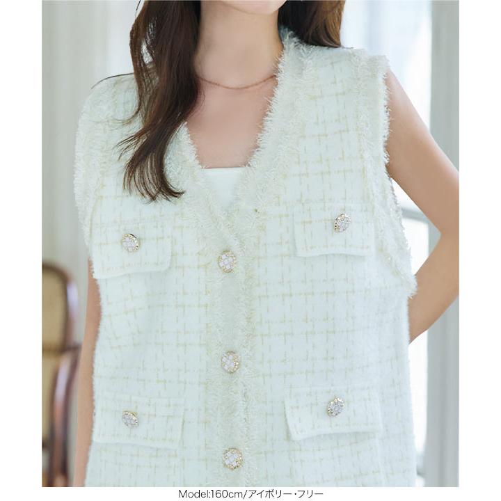 ホワイト系ツイードノースリーブジレ KOBE LETTUCE ベスト ツイード風 ジャケット アウター