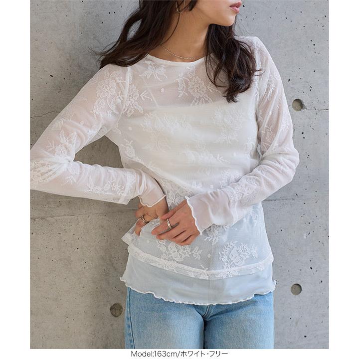 シアーレースパフトップ 白 LITMUS KOBE LETTUCE（神戸レタス） レース シアー トップス レディース 長袖