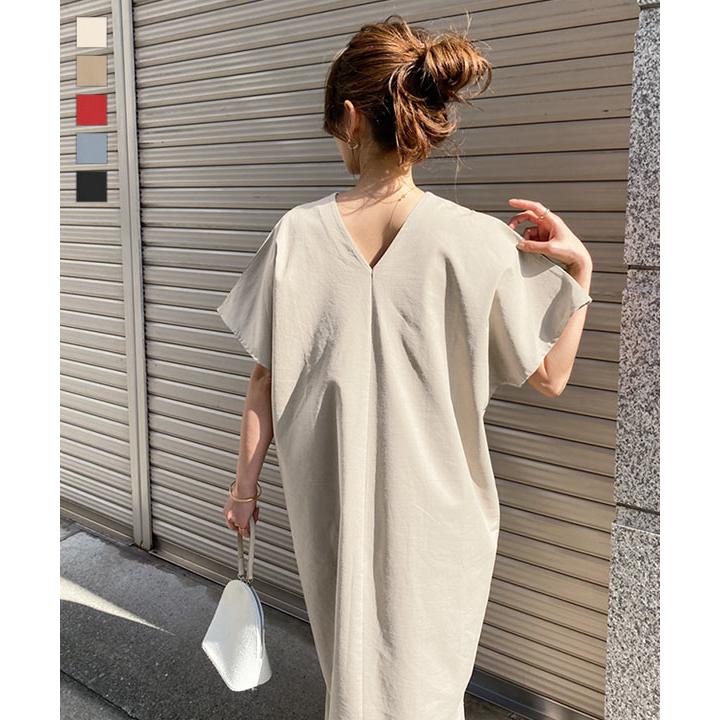 ワンピース レディース 春夏 ゆったり コクーン リネンタッチ ロング 半袖 Vネック 麻混 涼しい E2719 最新な