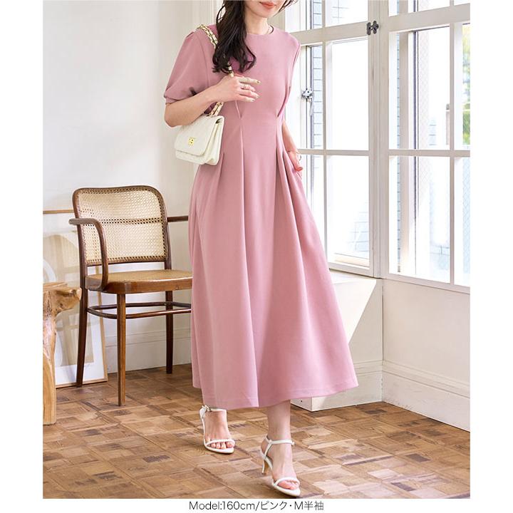高見え ウエストタックワンピース レディース ワンピ パフスリーブ ぽ