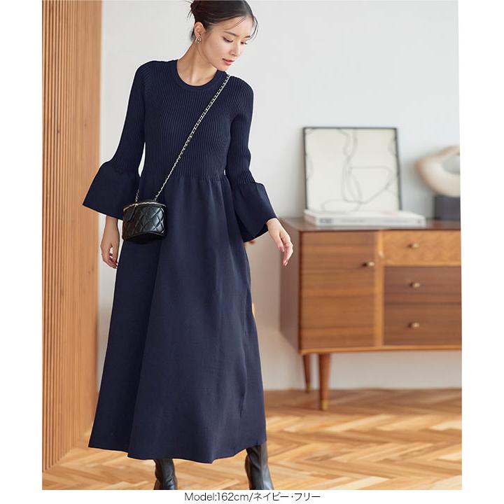 ワンピース レディース 40代 50代 30代 フレアスリーブ ニット 長袖