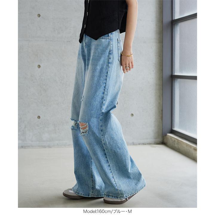 45R お米デニム風　パンツ ワイド　ダメージ加工 ブルー　日本製 ゆったり L KOBE LETTUCE（神戸レタス） デニムパンツ レディース ワイドデニム