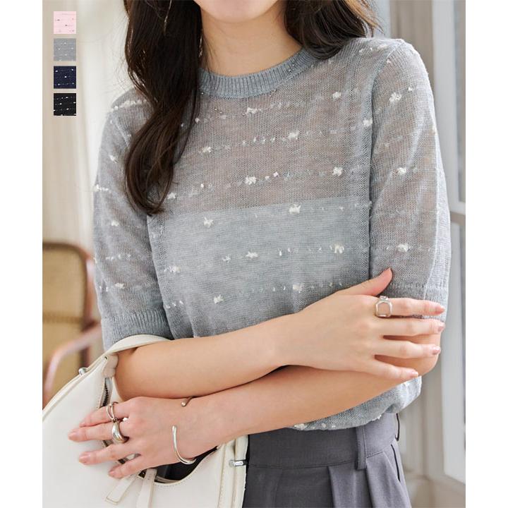 美品✨セブンテン 半袖ニット リブ ネイビー S すずらんモチーフ半袖ニット(ネイビー) - seventen