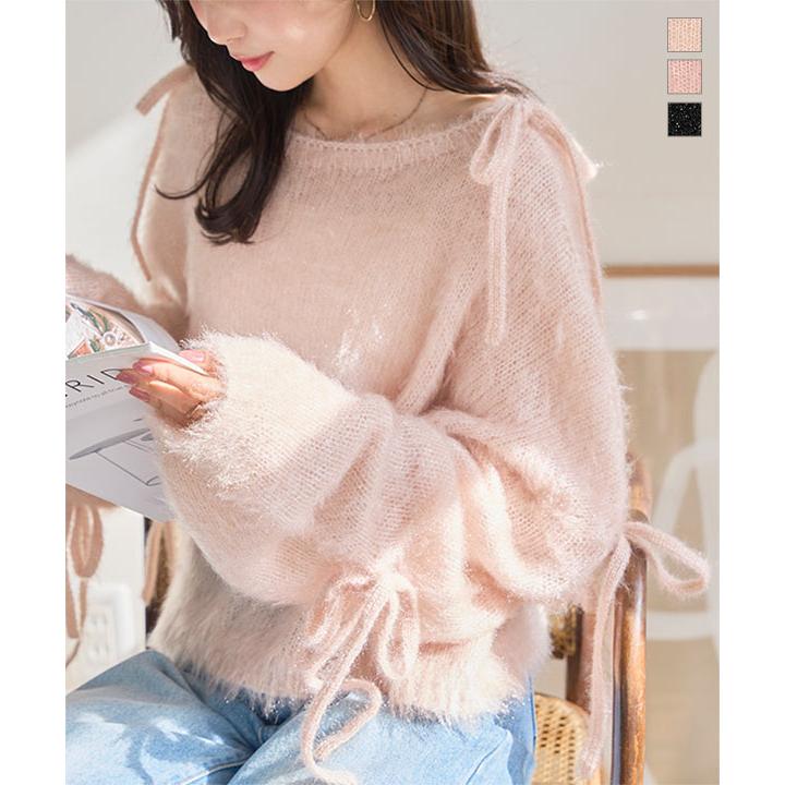 【48400円】2024年夏天竺編みリボンスリーブニット　ピンク　コットントップ KOBE LETTUCE（神戸レタス） ニット トップス レディース セーター