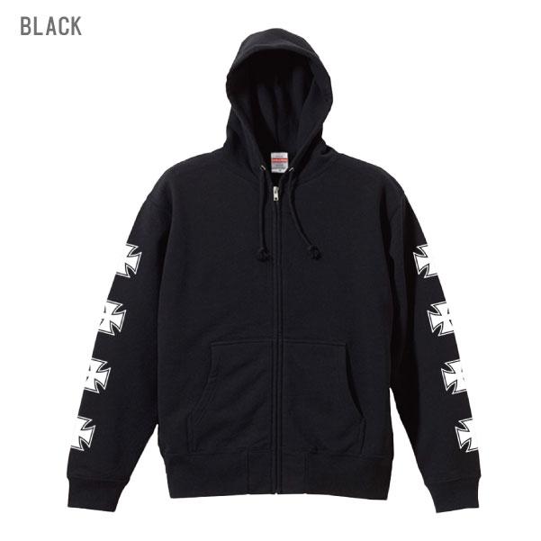 袖プリント アイアンクロス トップス ジップアップパーカー 裏パイル