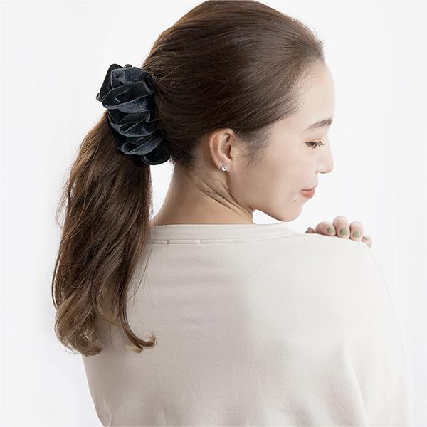 ベロア リボン バナナクリップ ☆フリル ドレープ 黒 大ぶり りぼん