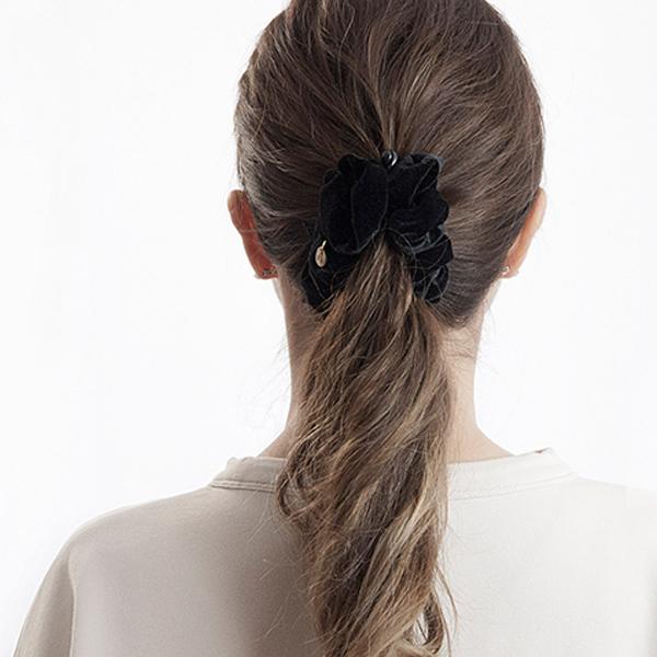 ベロア リボン バナナクリップ ☆フリル ドレープ 黒 大ぶり りぼん