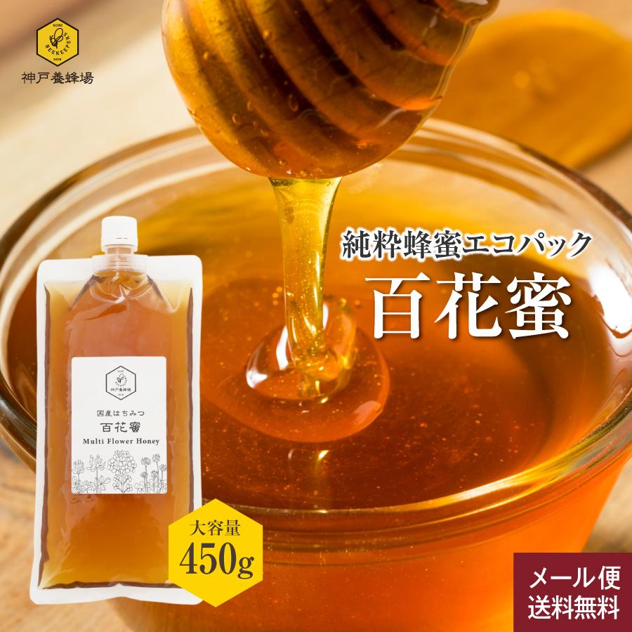 日本蜜蜂の純粋天然生百花蜜　ビターなハチミツ450g2本セット 神戸養蜂場 国産 はちみつ 百花蜜 450g エコパック 非加熱 純粋 大容量