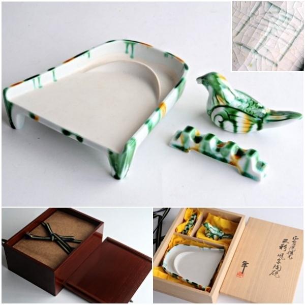 加藤卓男　正倉院復元　三彩　風字陶硯　水滴　筆架付　二重箱　書道具 加藤卓男 正倉院復元 三彩 風字陶硯 水滴、筆架付 二