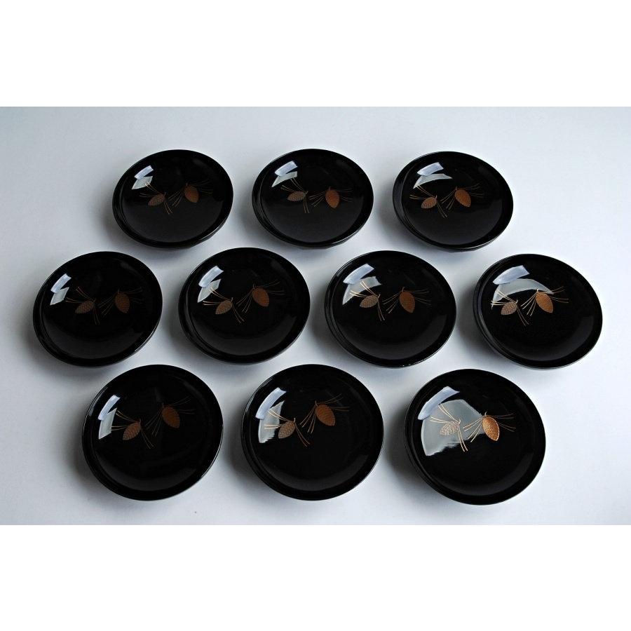 一兆作 松かさ蒔絵付 亀甲型椀 １０客 共箱付 茶道具 懐石 煮物椀 吸物