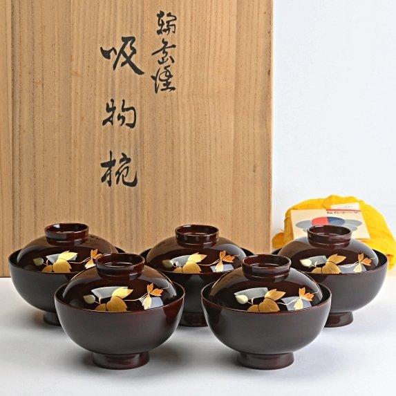 【輪島塗　蒔絵沈金吸物椀　五客　共箱】漆器　料亭　料理　食器 輪島塗蒔絵沈金吸物椀五客共箱】漆器料亭料理食器