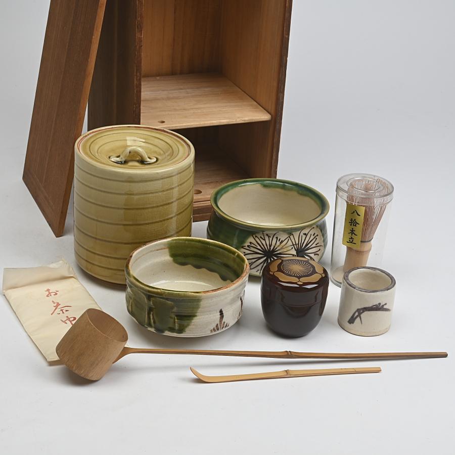 茶道具セット 短冊箱一式 茶巾、茶杓、茶筅、棗、柄杓、蓋置、茶碗、水