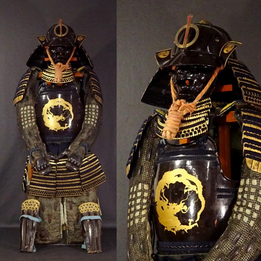 敬逢】江戸時代 甲冑 鉄地黒漆塗十二間筋兜 鉄地蒔絵龍紋紺絲縅胴具足 
