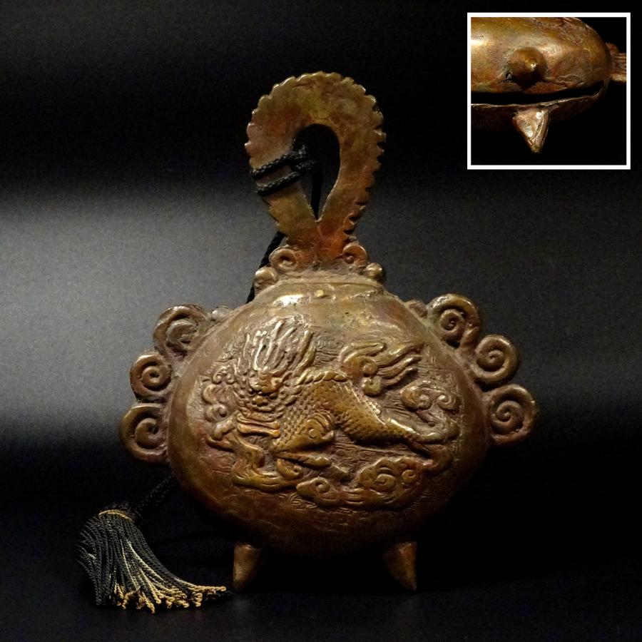 敬逢 時代 古銅唐金造 塗金 陽刻 龍文鈴 馬鈴 銅鐸 銅鑼 鰐口 SU-1