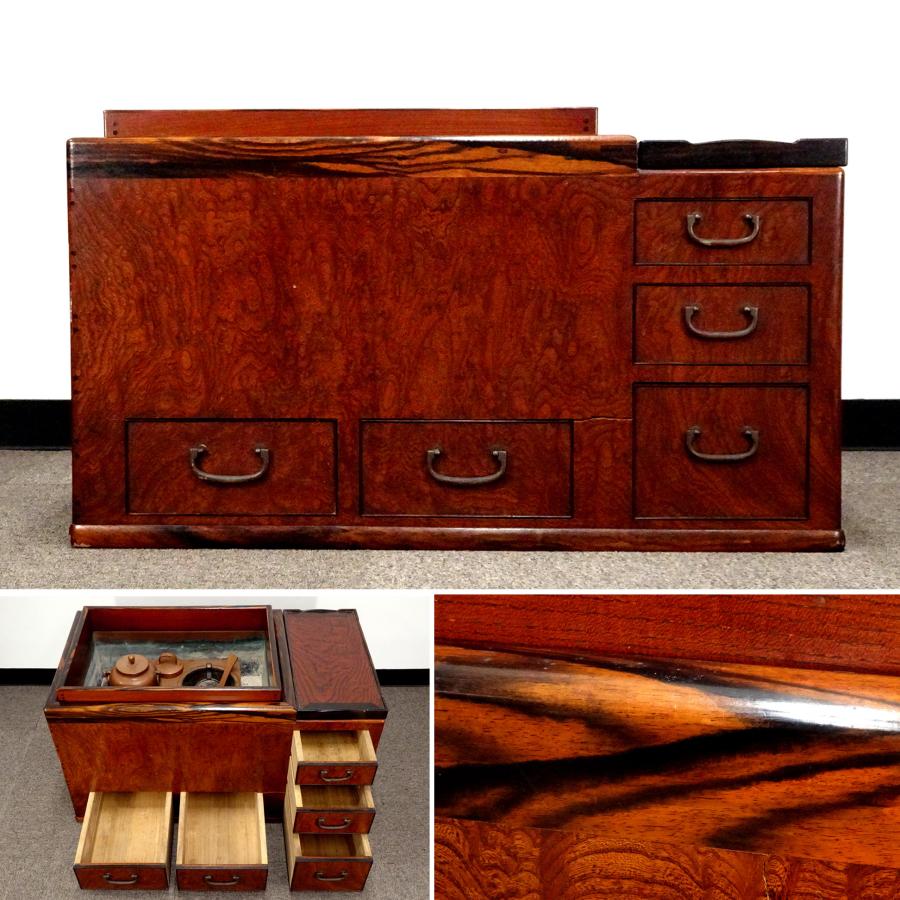 敬逢 圧倒的存在感 明治時代 最上手 極上 欅玉杢 無垢造 黒柿枠 長火鉢