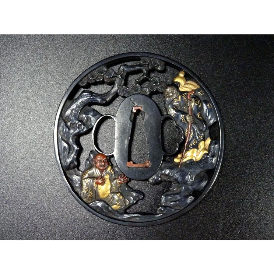 敬逢 秀逸 刀装具 賢人図透鐔 銘 江州彦根住 藻柄子宗典 竪丸形 赤銅地