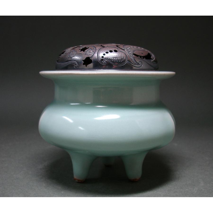 コレクター買取品 青磁 香炉 蓋 純銀 茶道具 茶器 骨董 時代物 高さ約6.5㎝