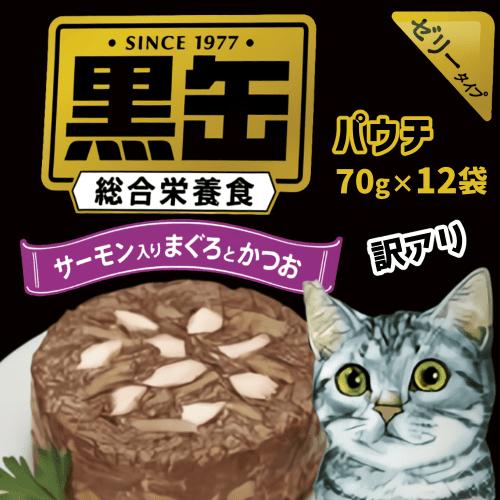 キャットフード 猫 ウェット 猫缶 黒缶 パウチ グレインフリー 総合栄養食 アイシア 黒缶パウチ サーモン入りまぐろとかつお 70g×12袋 訳アリ