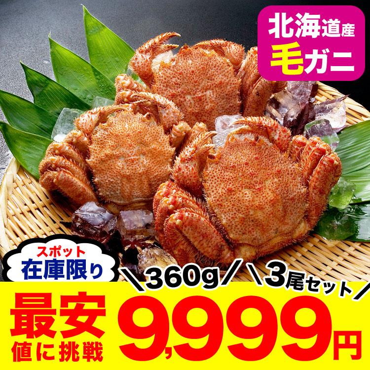 在庫限り感謝の最安挑戦】 毛ガニ 3尾 （360g前後×3尾 合計1kg前後