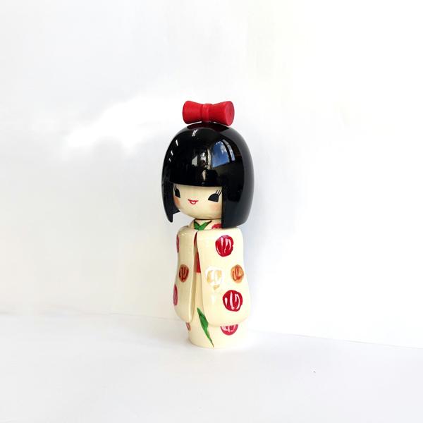 こけし 山岸作 乙女袖白、赤 KOKESHI JAPN 振袖 創作こけし 日本製