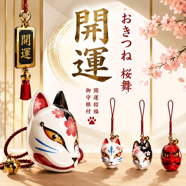 根付 狐面桜舞 狐面 天狗面 日本吉祥 LUCKY CHARM 参拝グッズ 神社