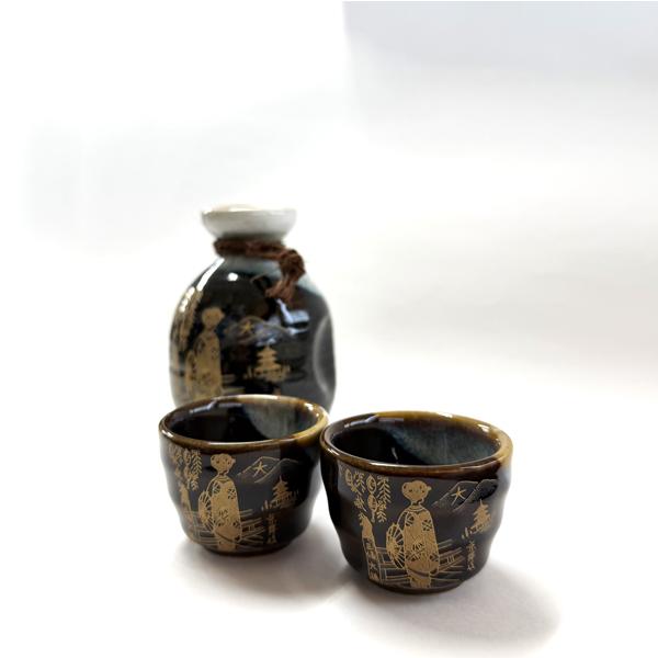 値下げ希少舟徳利微塵子印判手徳利セット 酒器 天目京舞妓丸型2客 JAPAN SAKE DRINKING SET 日本 徳利おちょこ