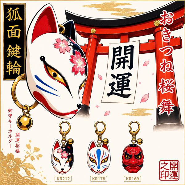 キーホルダー 狐面桜舞 狐面 天狗面 日本吉祥 LUCKY CHARM 参拝グッズ