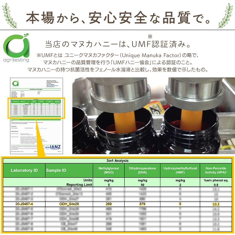 はちみつ マヌカハニー ハチミツ MGO250 送料無料 抗菌 ニュージーランド 無添加 おすすめ お得 250g 蜂蜜 マヌカ蜂蜜 UMF10＋ リーフ セール 食品｜kodawari-y｜04