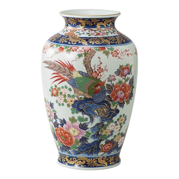 花瓶 陶器 染錦岩花鳥 10号肩丸花瓶
