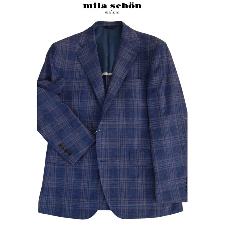 只今20％オフ ミラショーン  ジャケット 春夏 ブルー グレン チェック シルク混 リネン混 ビジネス カジュアル 軽量 清涼 日本製 メーカー正規品の画像