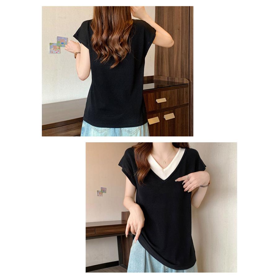 エブール　フレンチスリーブ　コットンニット　サマーニット　ブラック　ホワイト サマーニット Vネック 半袖 フレンチスリーブ レディース 春夏