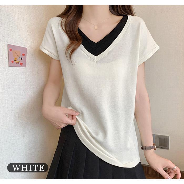 エブール　フレンチスリーブ　コットンニット　サマーニット　ブラック　ホワイト 接触冷感／手洗い可】フレンチスリーブニット（ニット/セーター