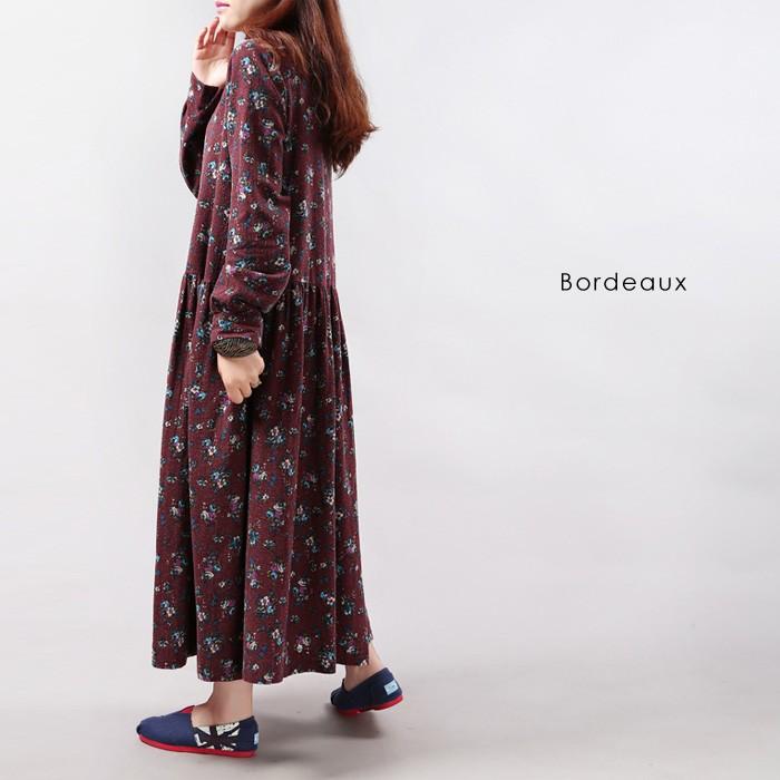 ワンピース レディース マキシワンピース 花柄 ゆったり ロングワンピース 秋 冬 秋冬 フレアワンピ 大人 体型カバー マキシ丈ワンピ 長袖 ボルドー 送料無料 Y5121 Koei Store 通販 Yahoo ショッピング